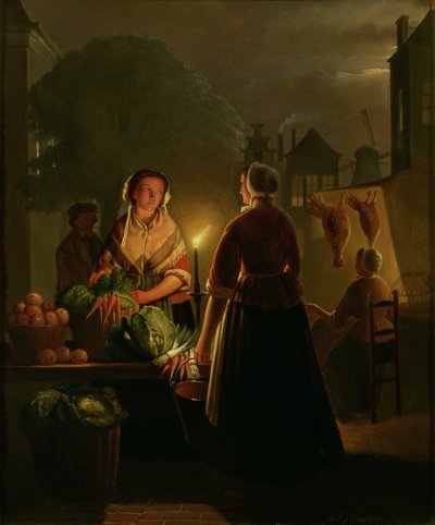 Vegetable Market by Candlelight by Petrus van Schendel
